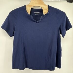 Catherines Suprema Womens 1X Navy Blue V-Neck Short Sleeve Pullover Top